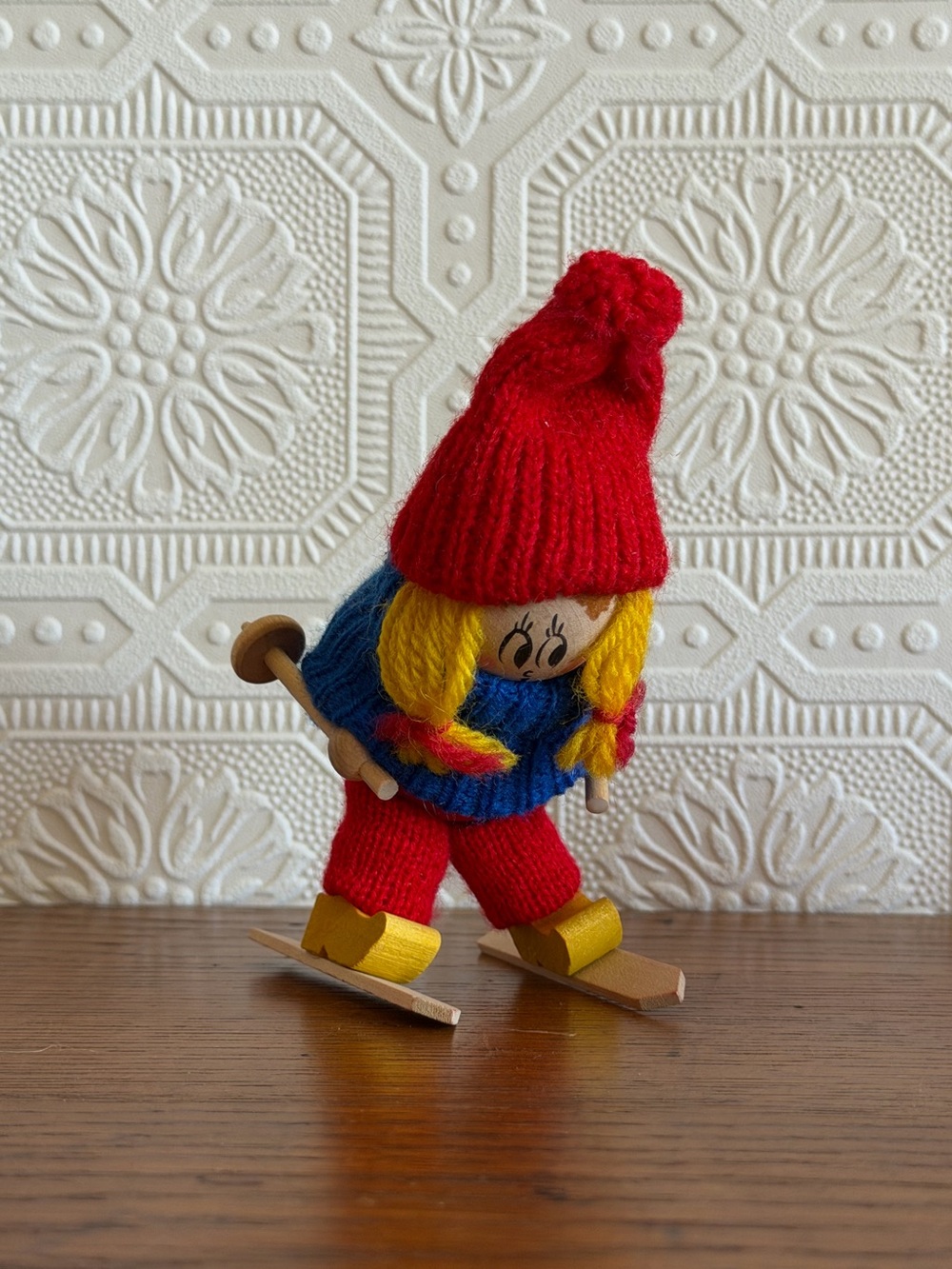 Vintage Swedish Handmade Wooden Downhill Skiing Girl